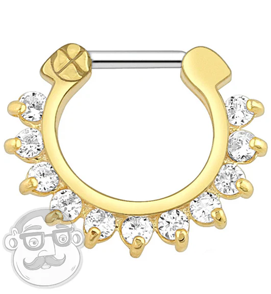 16G IP Gold With Clear Gem Pronged Septum Clicker Ring
