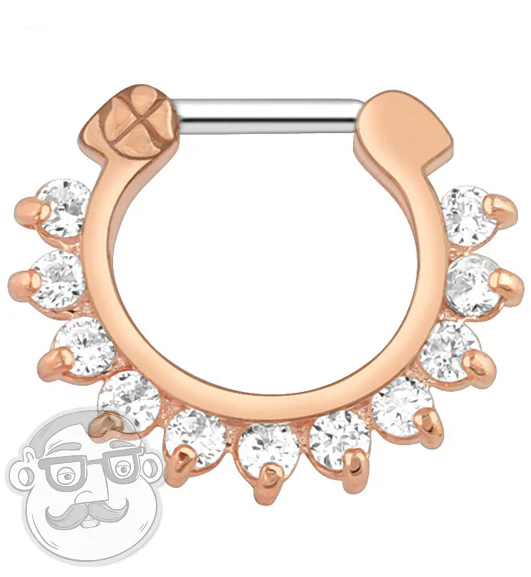 16G IP Rose Gold With Clear Gem Pronged Septum Clicker Ring