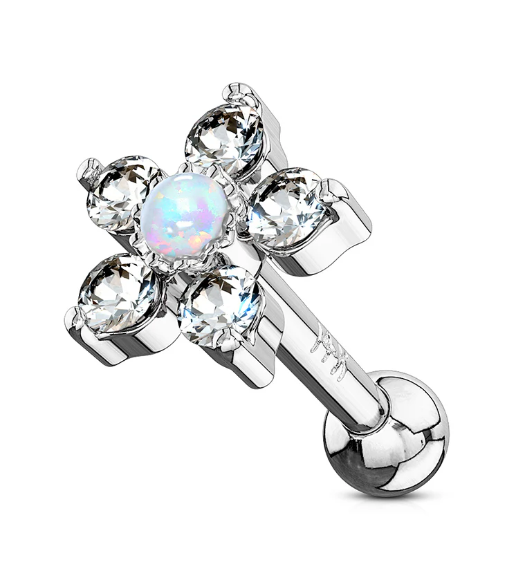 16G Opal CZ Flower 14kt White Gold Cartilage Barbell
