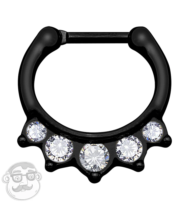 16G PVD Black Five CZ Gem Stainless Steel Septum Clicker