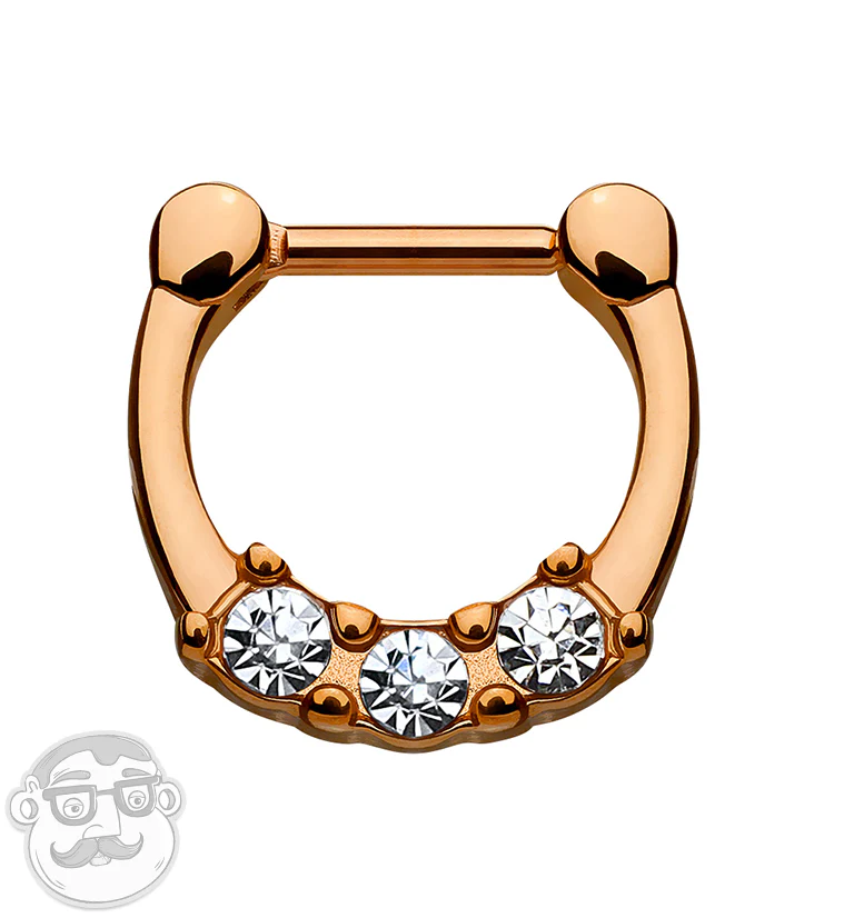 16G PVD Rose Gold Triple CZ Gem Stainless Steel Septum Clicker