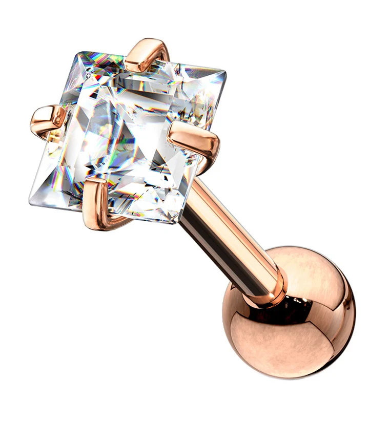 16G Rose Gold PVD Square CZ Top Cartilage Barbell