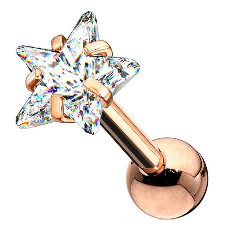 16G Rose Gold PVD Star CZ Top Cartilage Barbell