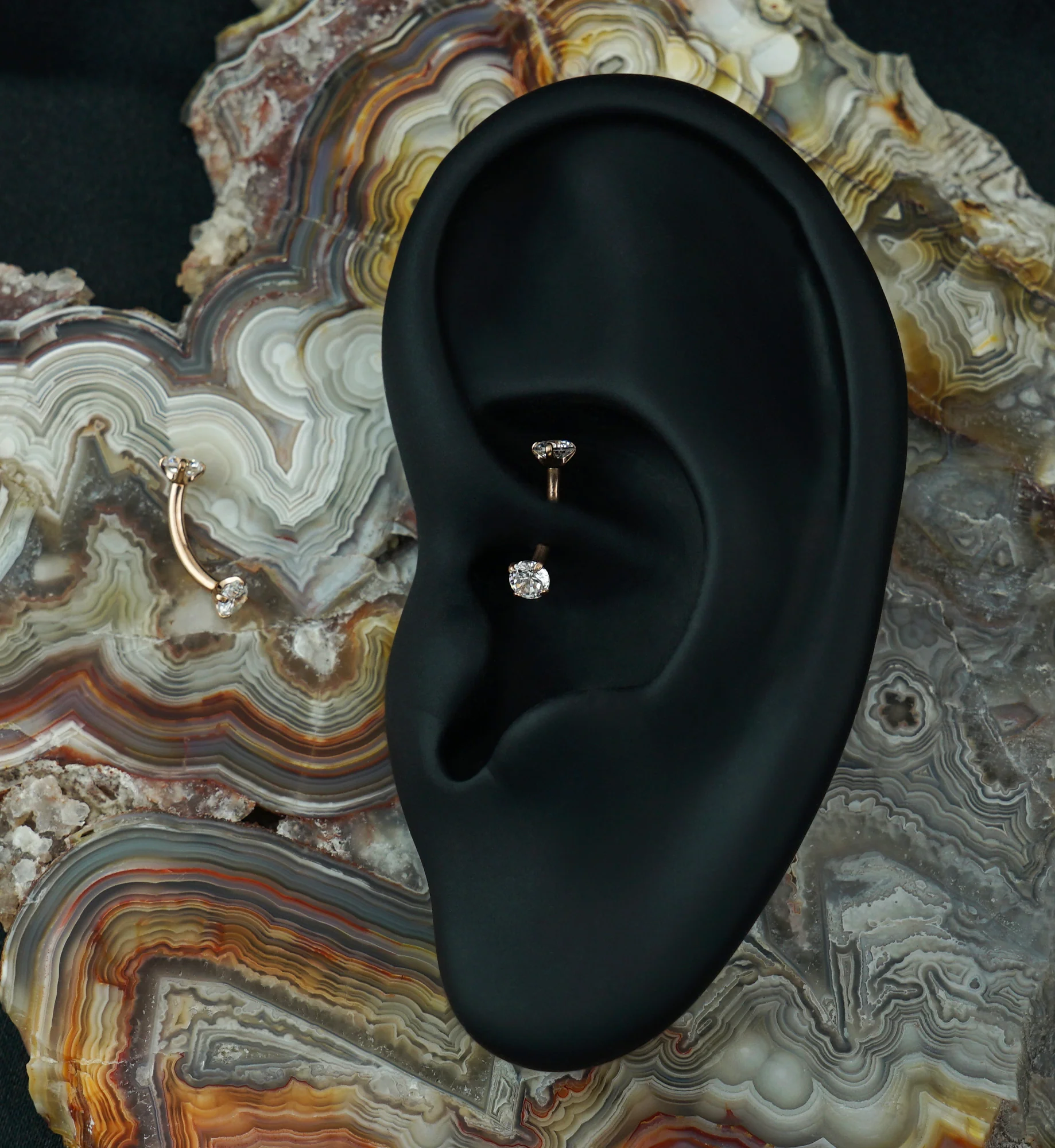 Rose Gold PVD Titanium Double Prong CZ Curved Barbell - Image 2