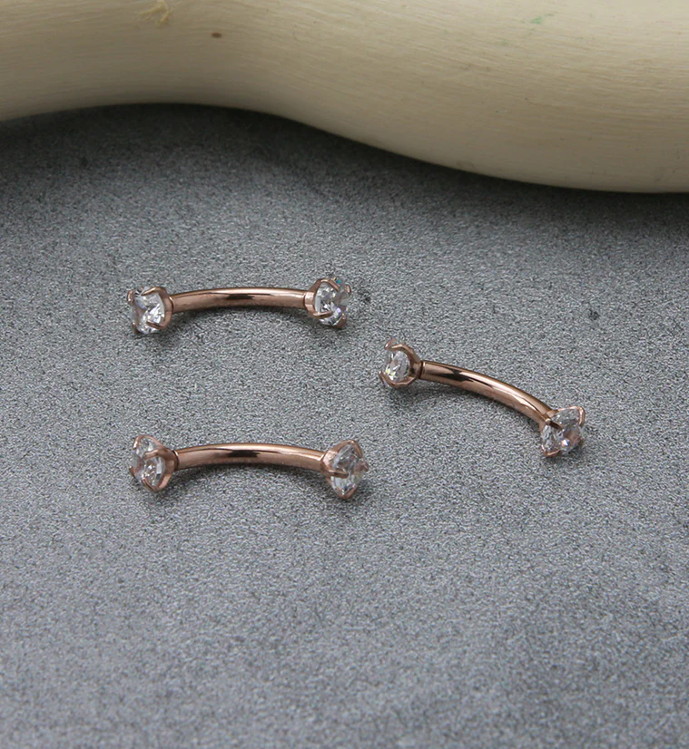 Rose Gold PVD Titanium Double Prong CZ Curved Barbell - Image 3