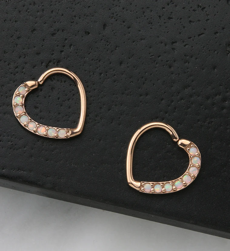 16G Rose Gold PVD White Opalite Annealed Heart Daith - Cartilage Ring - Image 2