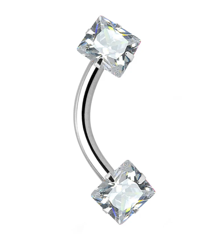 Square CZ Internally Threaded Curved Barbell