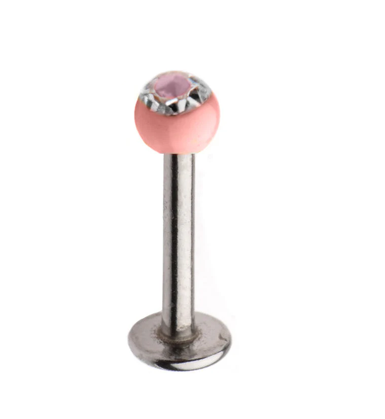 16G Stainless Steel Lip - Labret Stud with CZ Pink Ceramic Ball