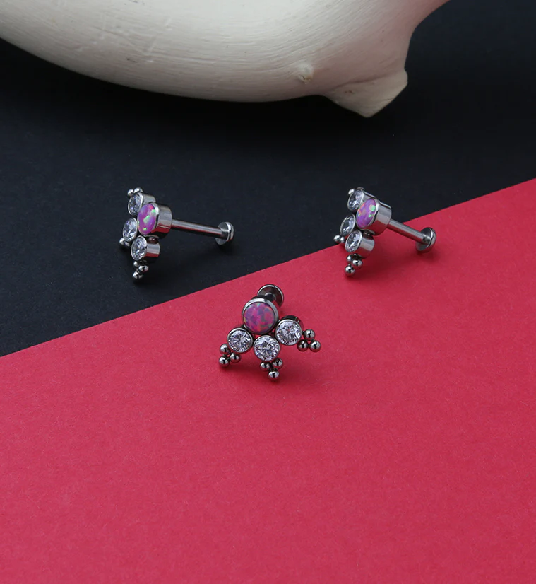 16G Triple Beaded CZ Pink Opal Titanium Labret Post - Image 2