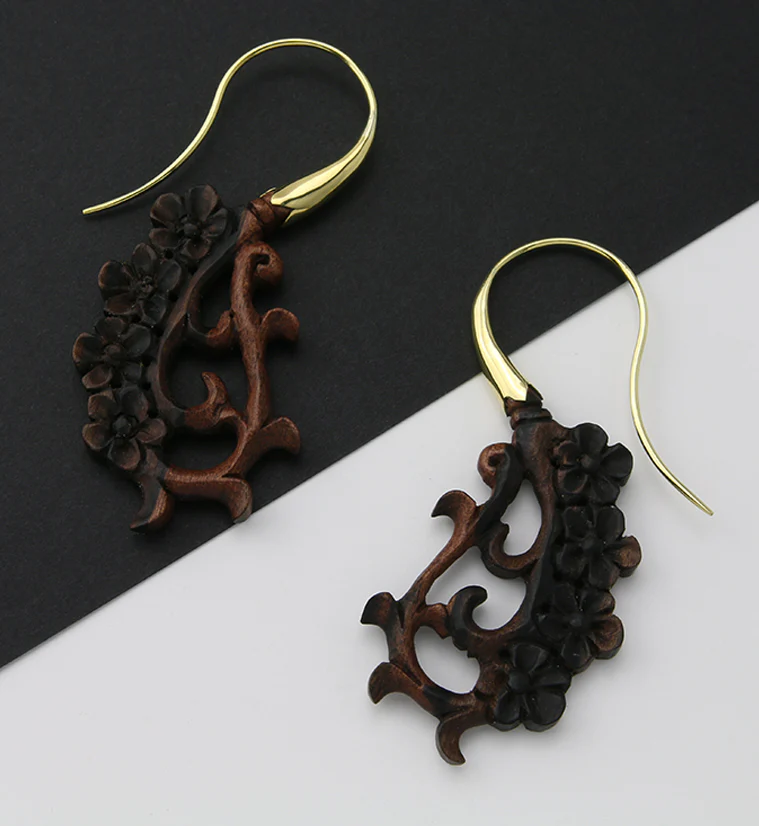 18G Floral Brass Wood Hangers / Earrings - Image 2