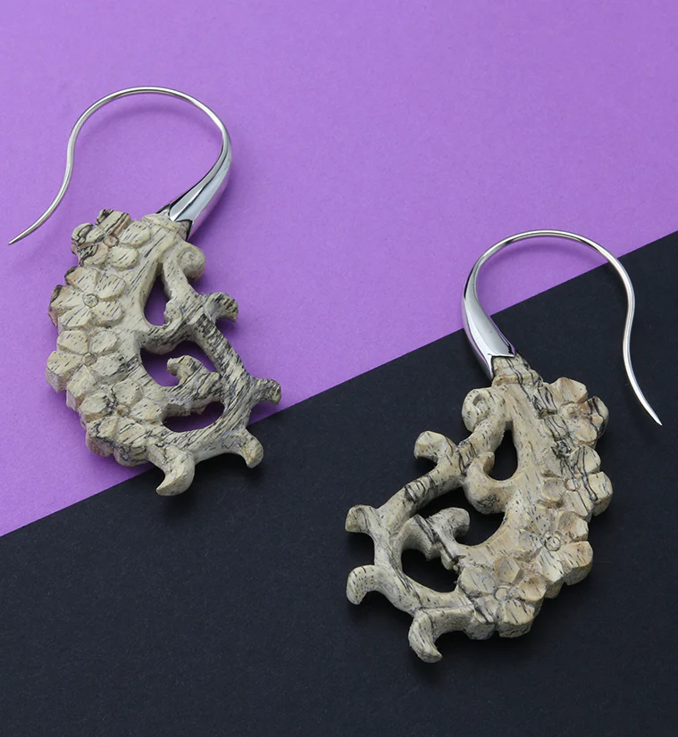 18G Floral White Brass Tamarind Wood Hangers / Earrings - Image 2