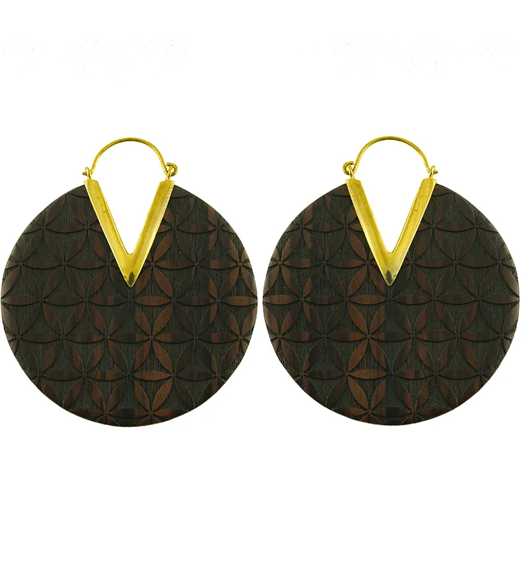 18G Flower of Life Engraved Wooden Hangers - Earrings