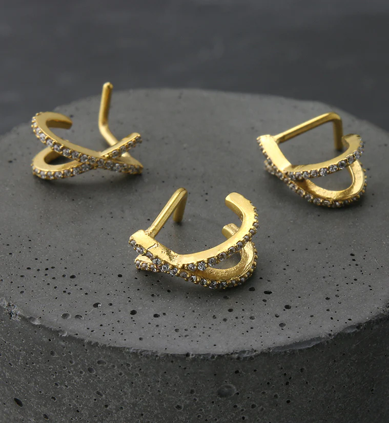 18G Gold PVD Intersect Double Line CZ Nose Curve - Image 2