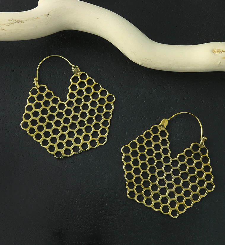 18G Golden Honeycomb Brass Earrings - Image 2