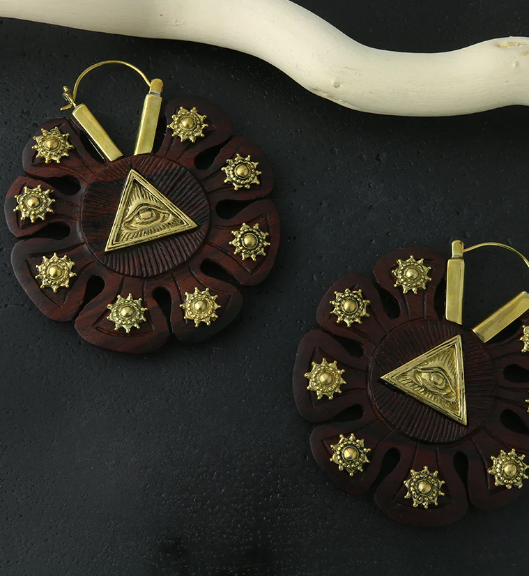 18G Illuminati Gold Engraved Wooden Hangers / Earrings - Image 2