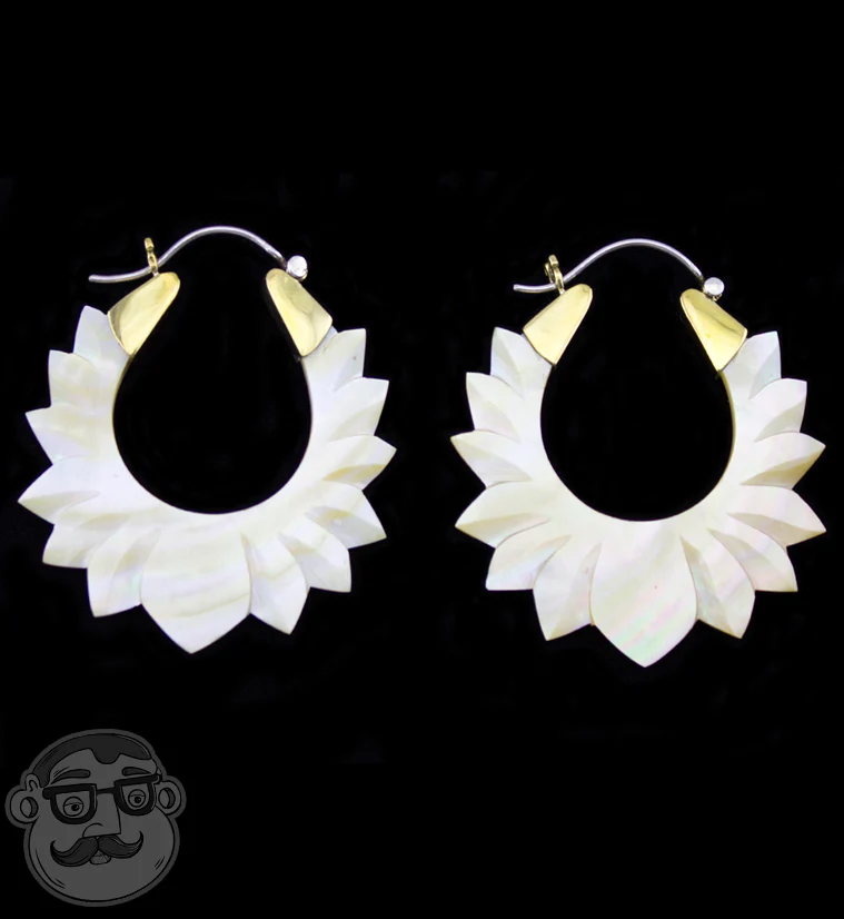 18G Lotus Mother of Pearl Hoop Earrings