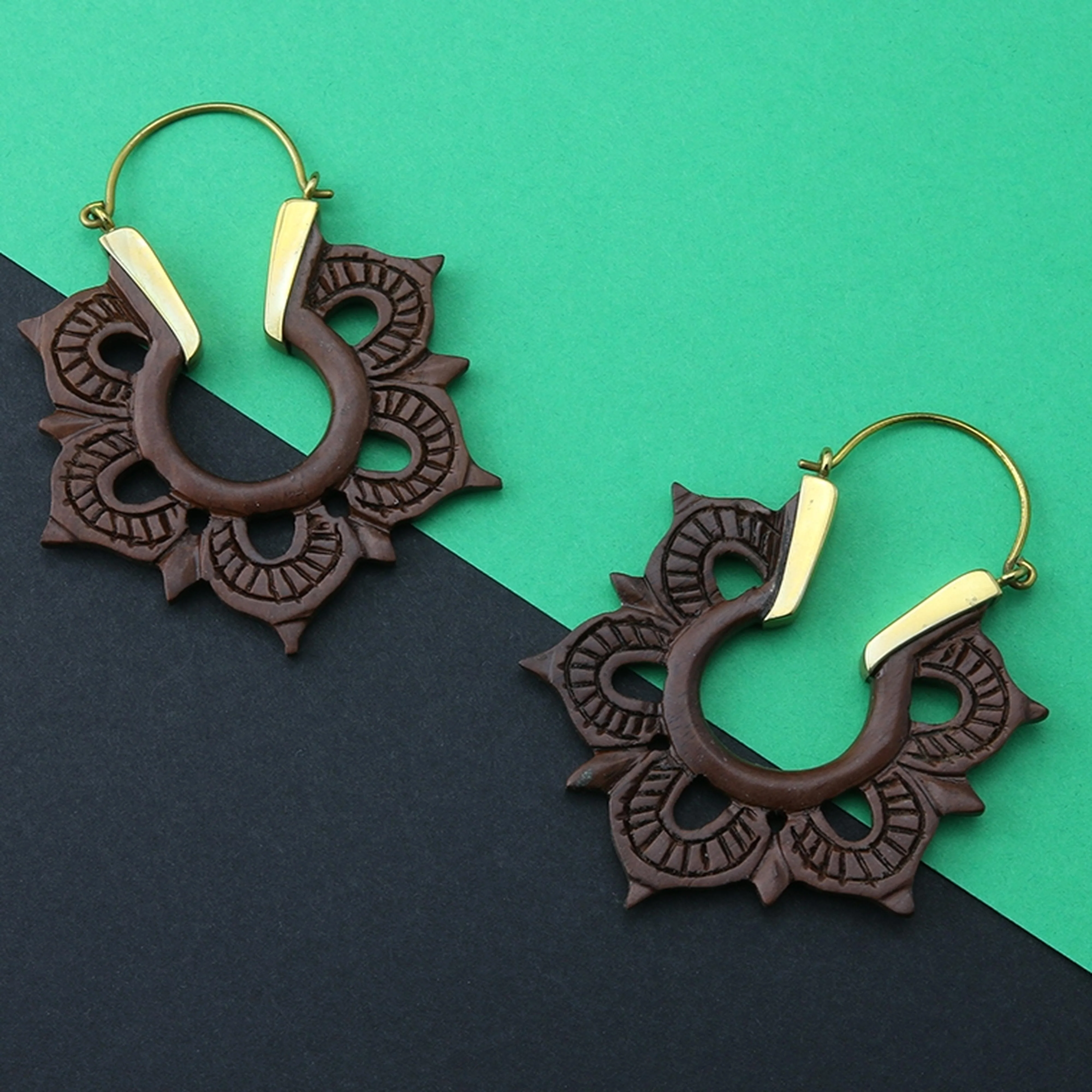 18G Mandala Engraved Wooden Hangers - Earrings - Image 2