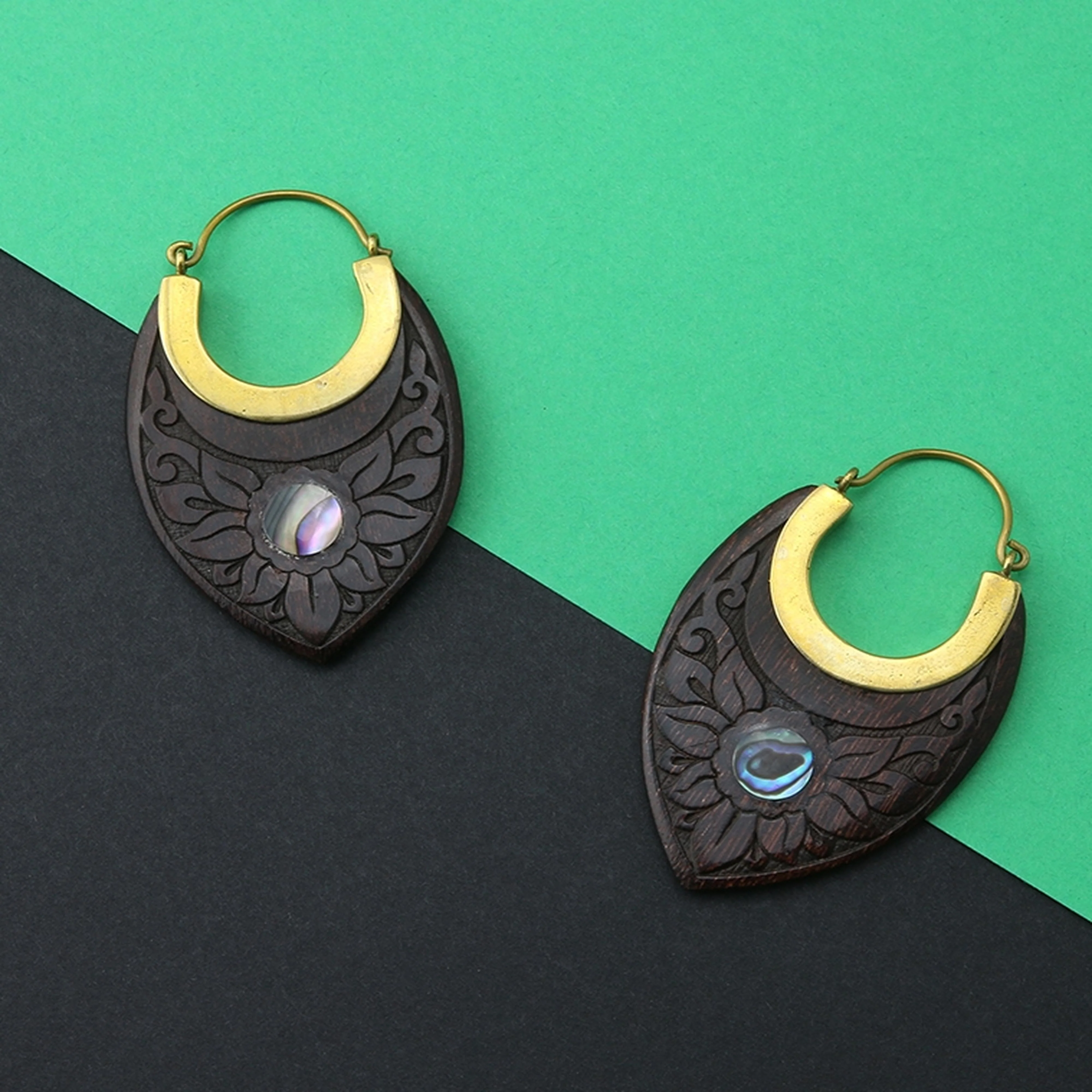 18G Nevus Engraved Abalone Wooden Hangers - Earrings - Image 2