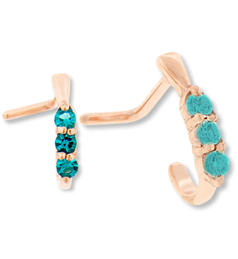 18G PVD Rose Gold Gilded Aqua CZ Nose Curve Ring