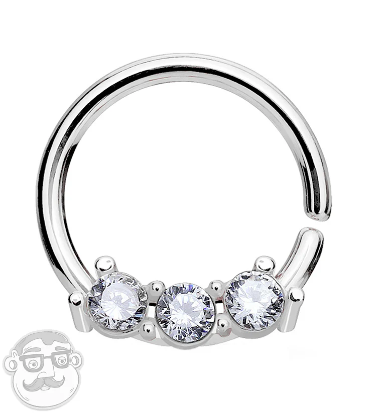 18G Silver Triple CZ Septum Ring