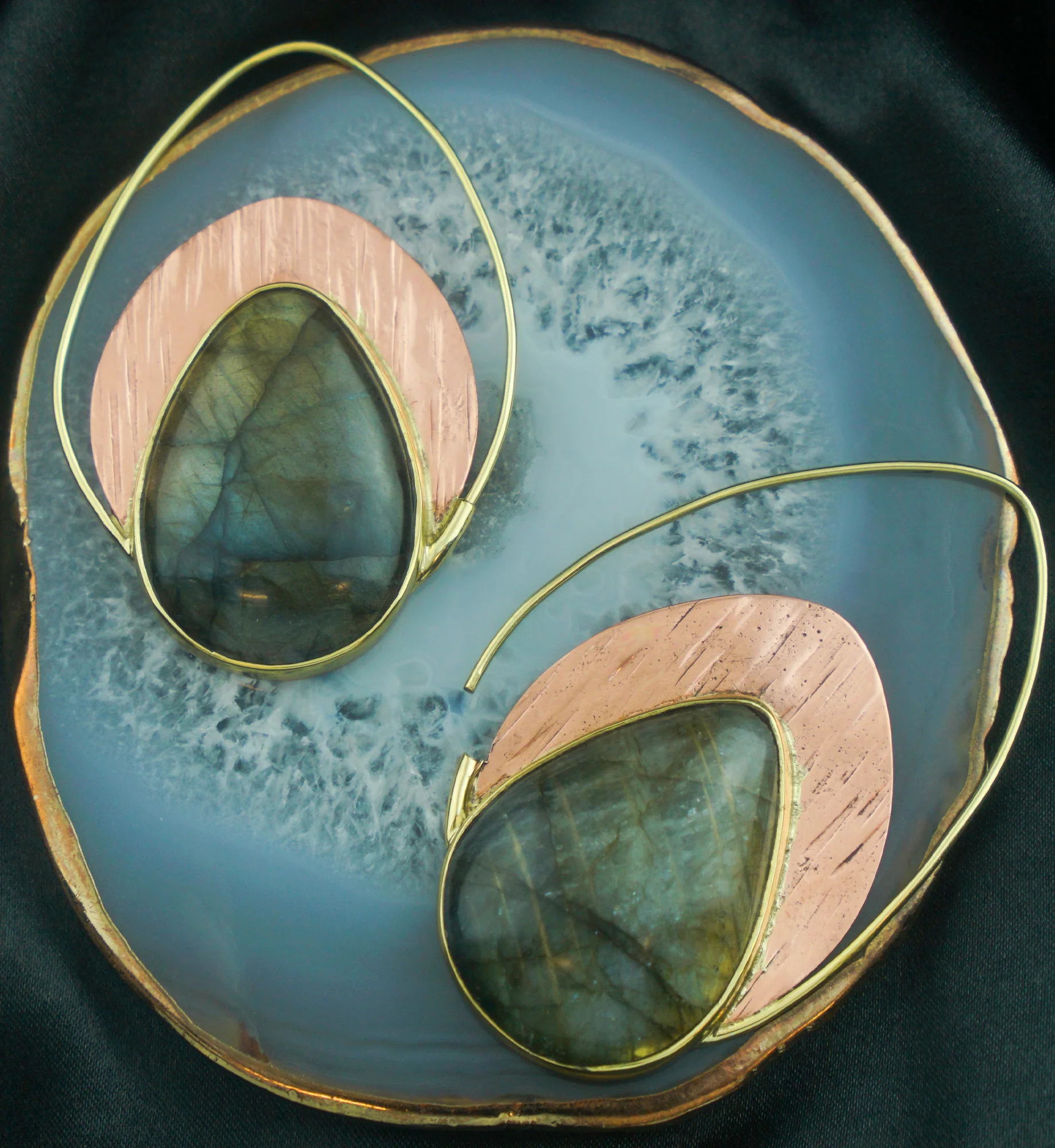 Labradorite Stone Rogue Brass Teardrop Hangers - Earrings - Image 2