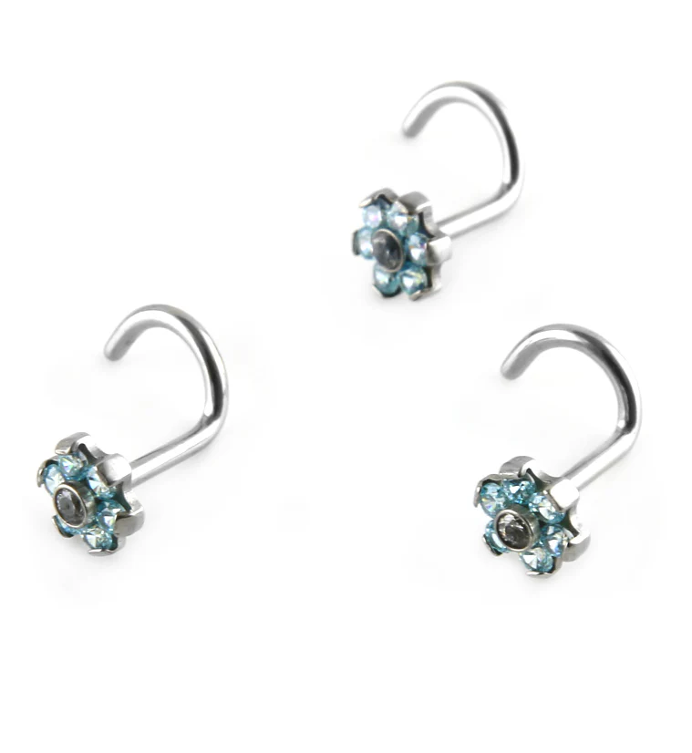 18G Titanium Aqua CZ Flower Nose Screw