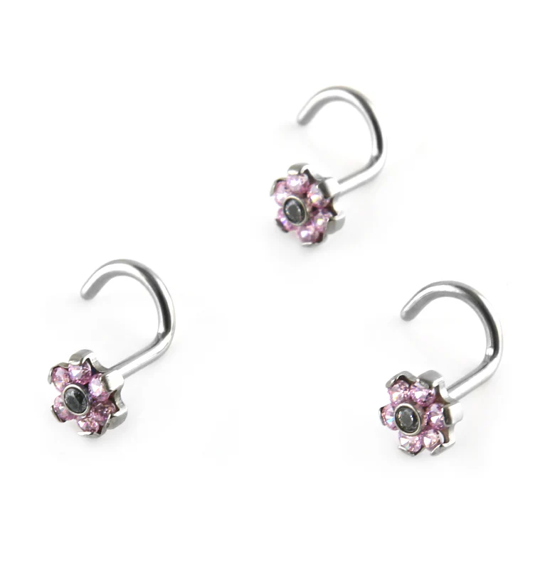 18G Titanium Pink CZ Flower Nose Screw - Image 2