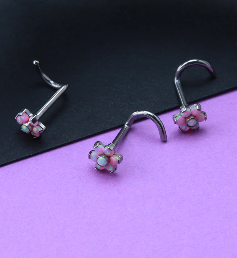 18G Titanium Pink Opalite Flower Nose Screw - Image 2