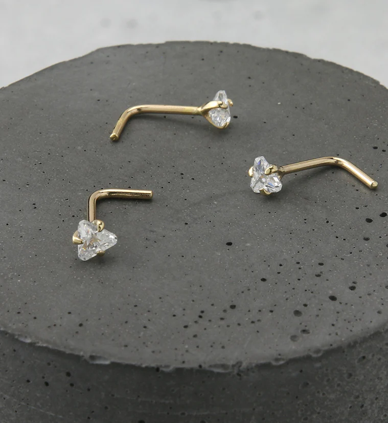 20G 14kt Gold CZ Triangle L Shaped Nose Ring - Image 2