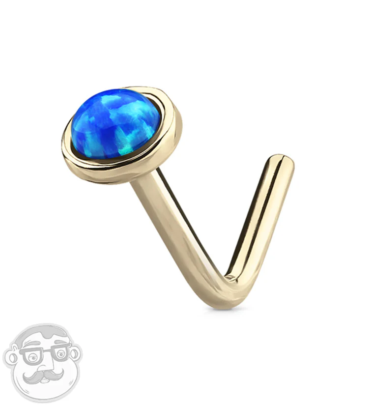 20G 14kt Gold L Bend Blue Opal Top Nose Ring