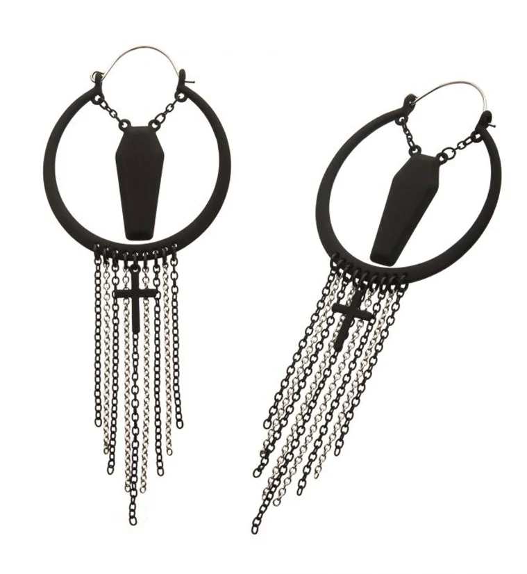 20G Black Coffin Chained Cross Plug Hoops