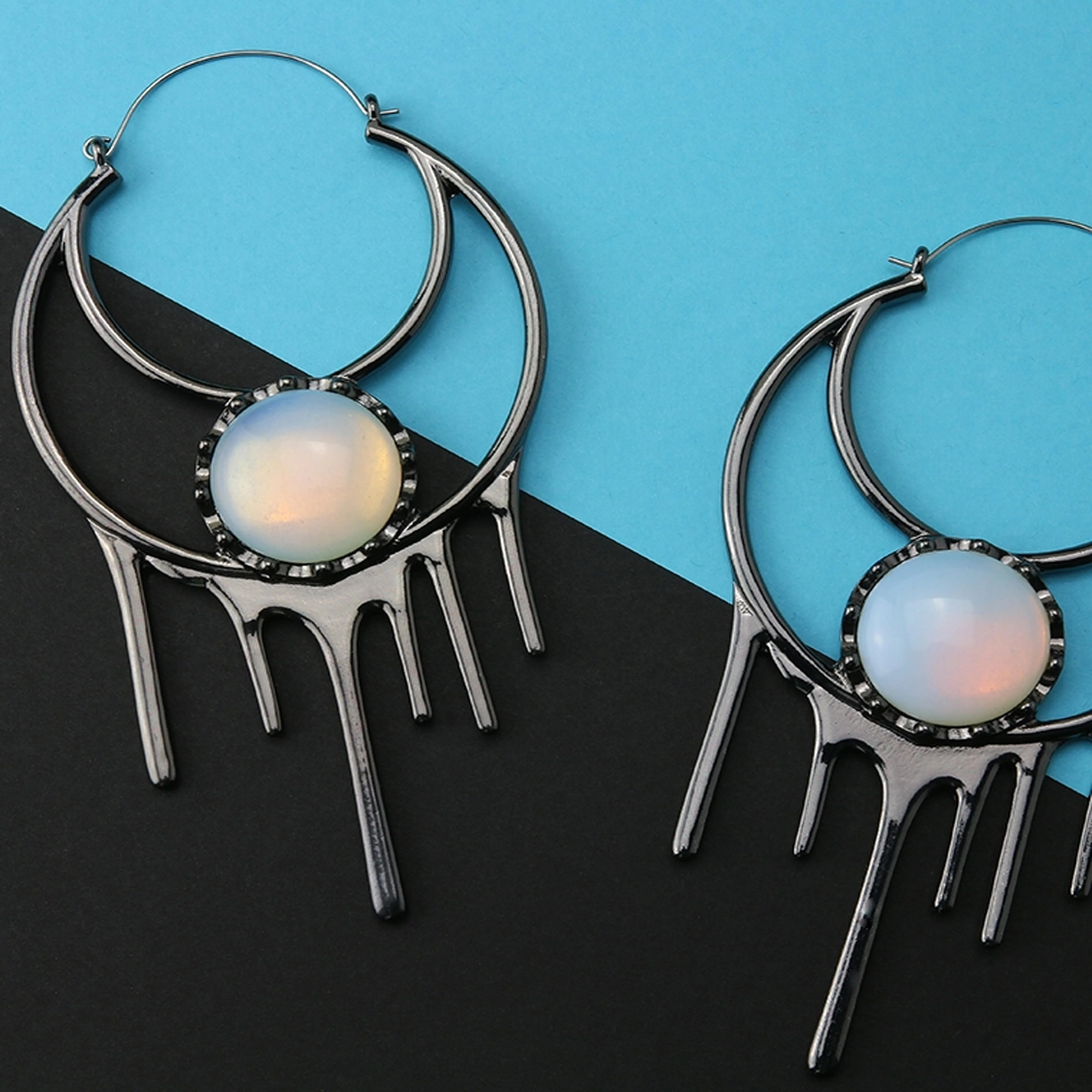20G Black Crescent Drip Opalite Plug Hoops - Image 2