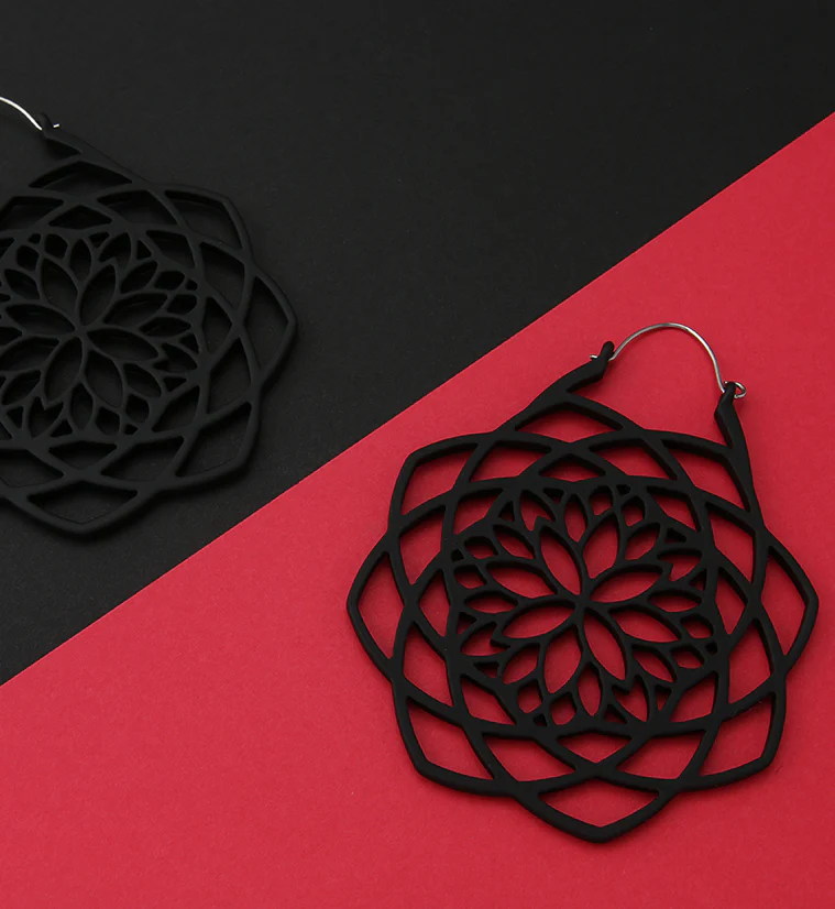 20G Black Mandala Plug Hoops - Image 2