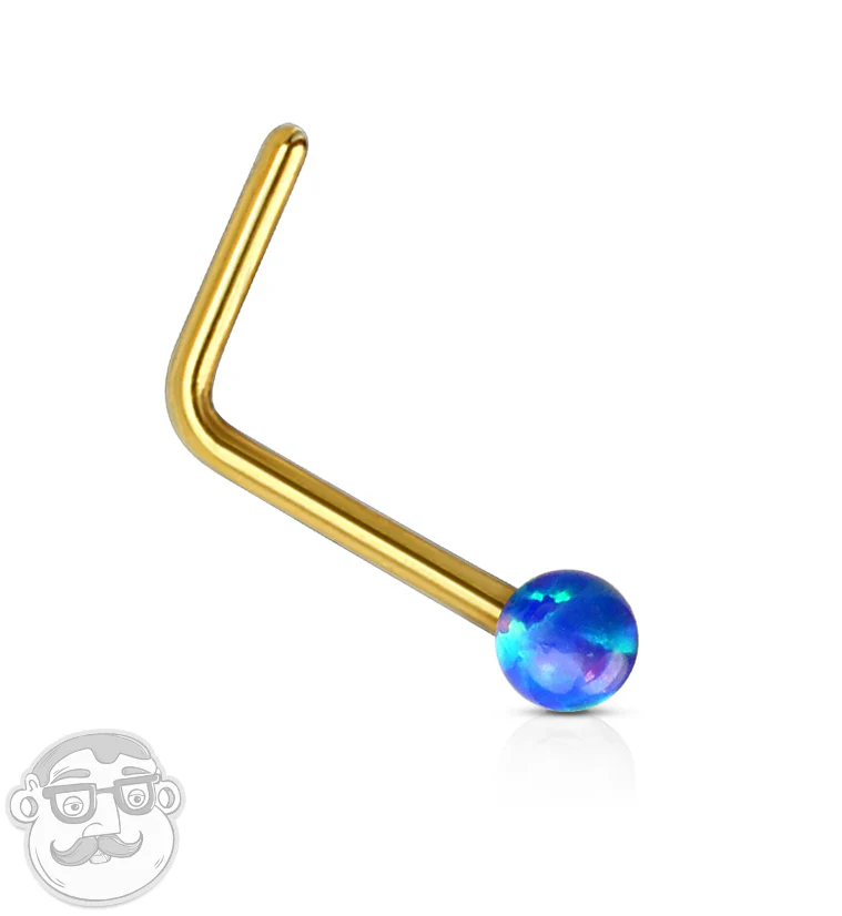 20G Blue Opalite 14kt Gold L Bend Nose Ring