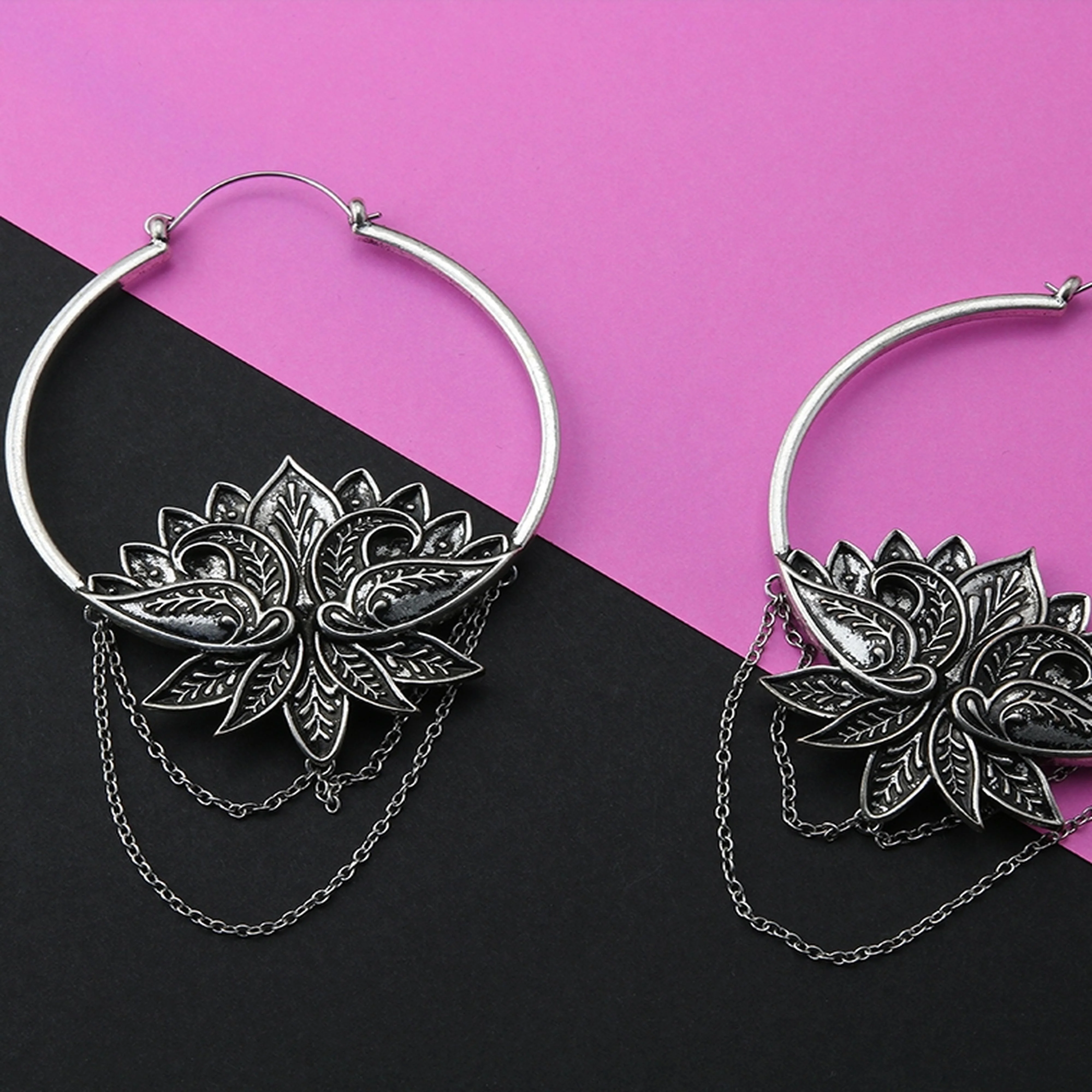 20G Chained Lotus Plug Hoops - Image 2