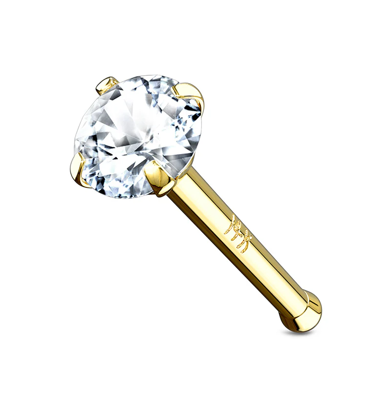 20G Clear CZ Prong 14kt Gold Nosebone