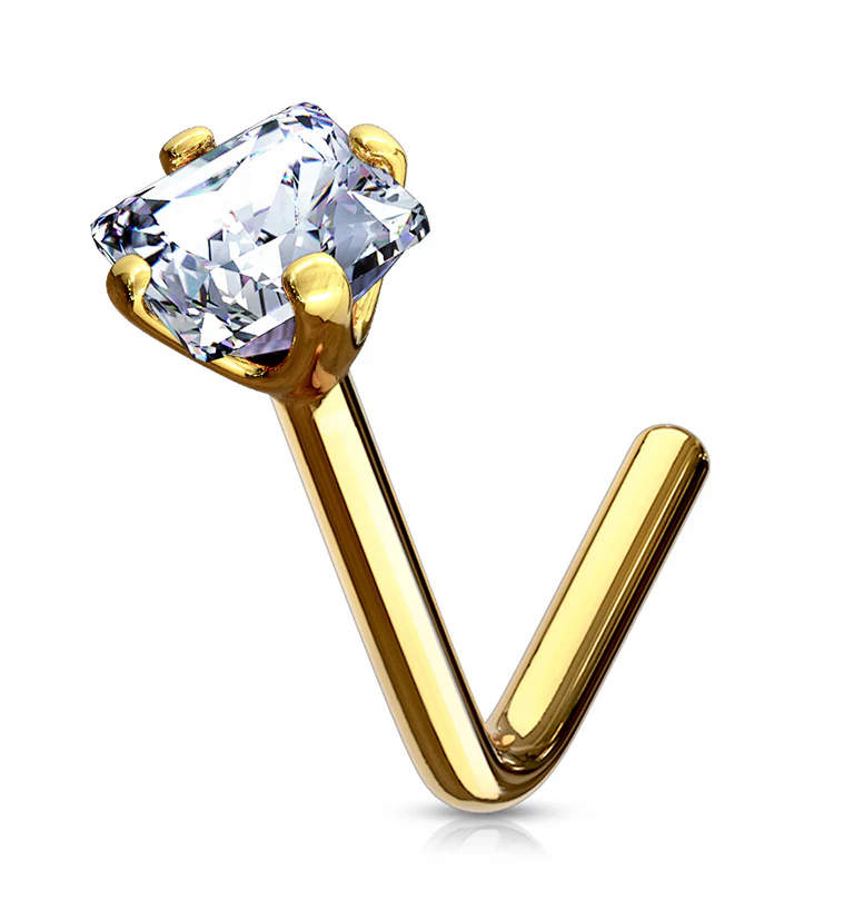 20G Clear Square CZ 14kt Gold L Bend Nose Ring