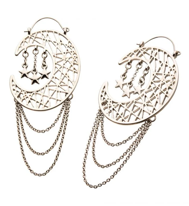 20G Crescent Moon & Stars Chained Plug Hoops