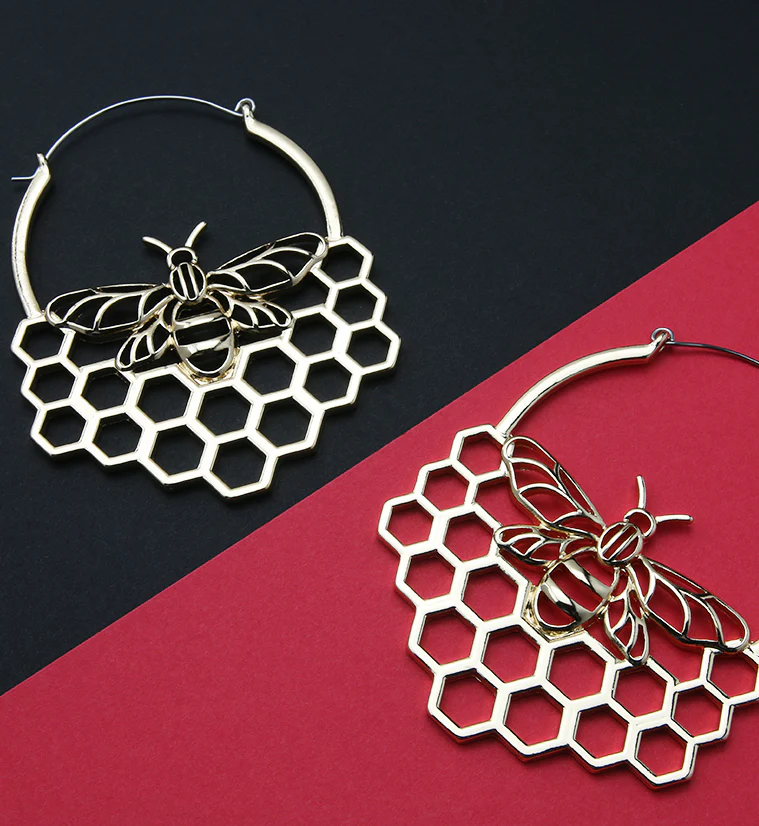 20G Golden Bumblebee Honeycomb Plug Hoops - Image 2