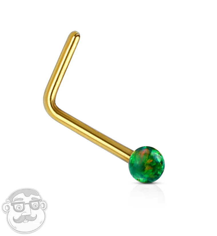 20G Green Opalite 14kt Gold L Bend Nose Ring
