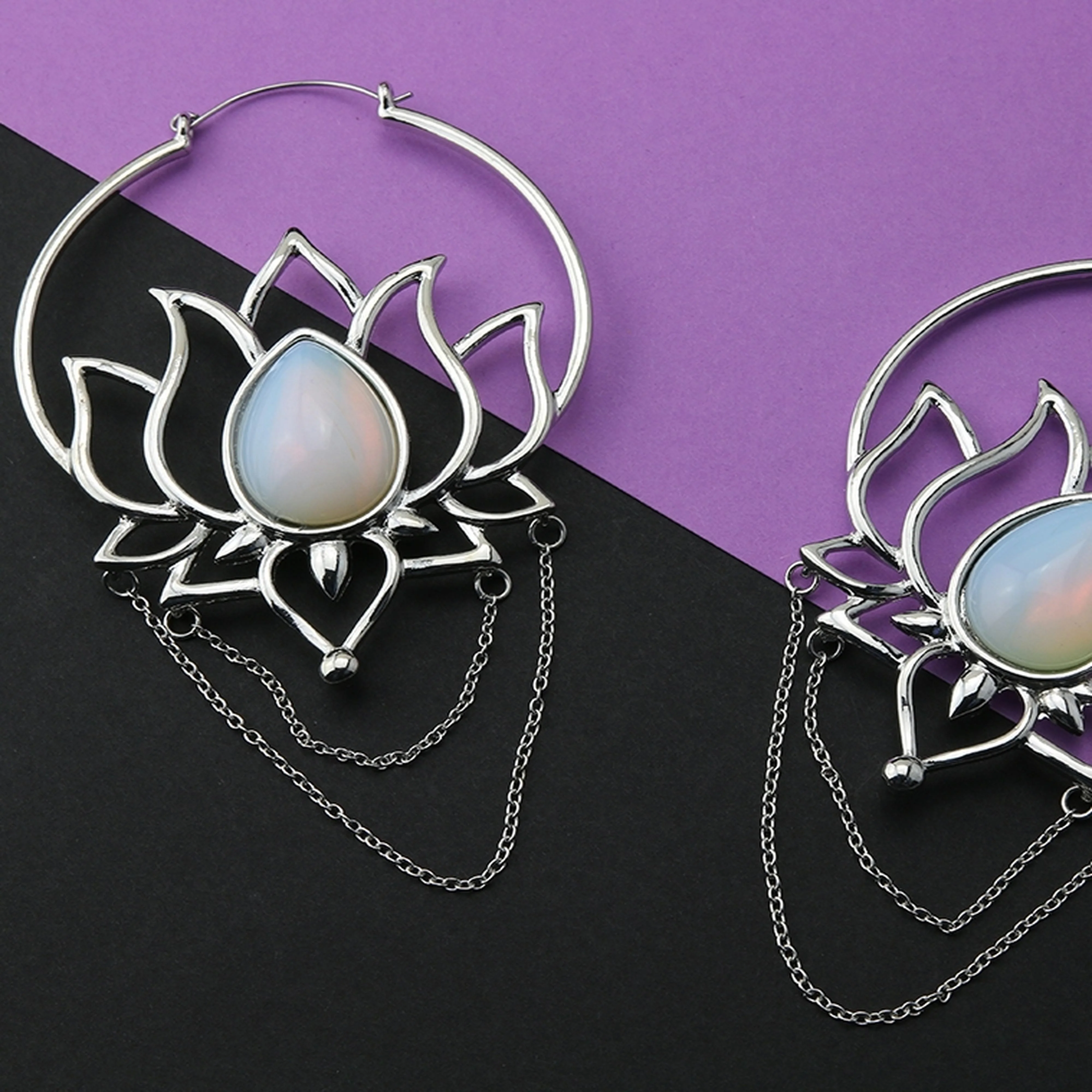 20G Opalite Lotus Chain Plug Hoops - Image 2