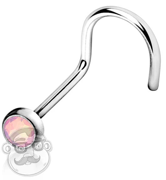 20G Soft Pink CZ Flat Top Stainless Steel Nose Screw Ring