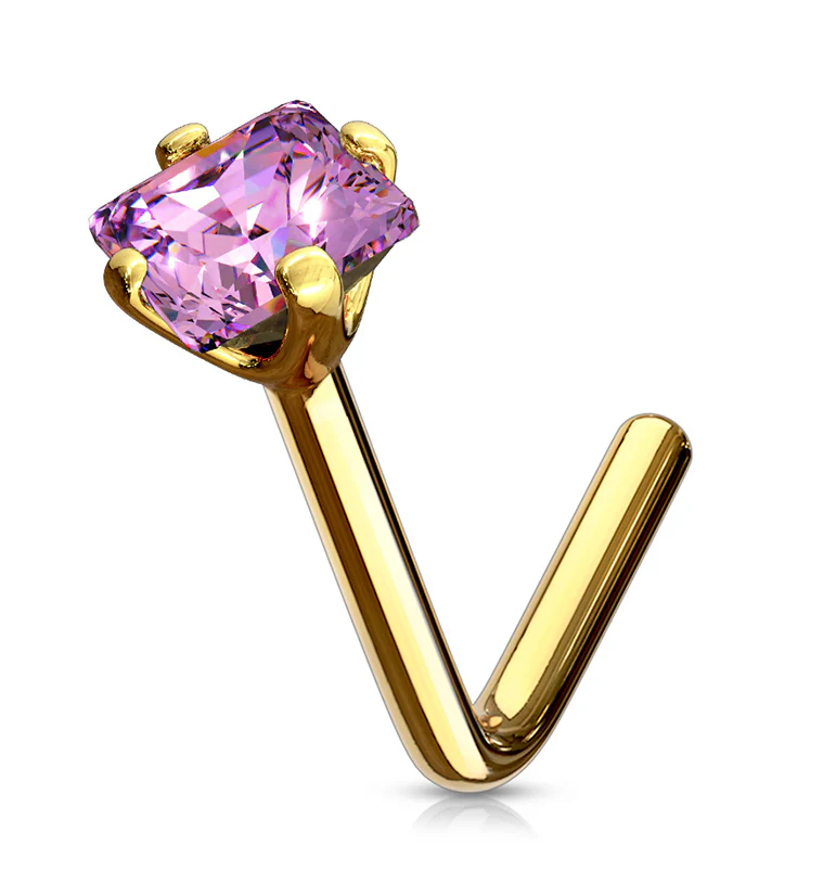 20G Pink Square CZ 14kt Gold L Bend Nose Ring