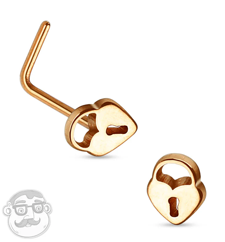 20G Rose Gold Love Lock Top Stainless Steel L Bend Nose Ring