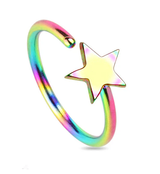 20G Star Rainbow PVD Steel Nose Ring Hoop - Image 2