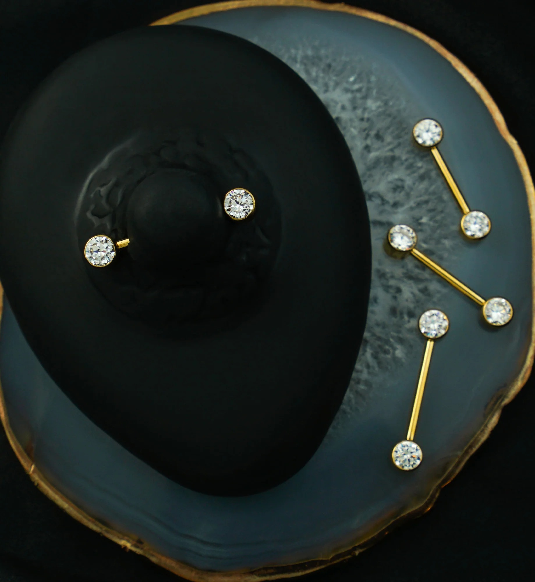24kt Gold PVD Bezel Clear CZ Threadless Titanium Nipple Barbells - Image 2