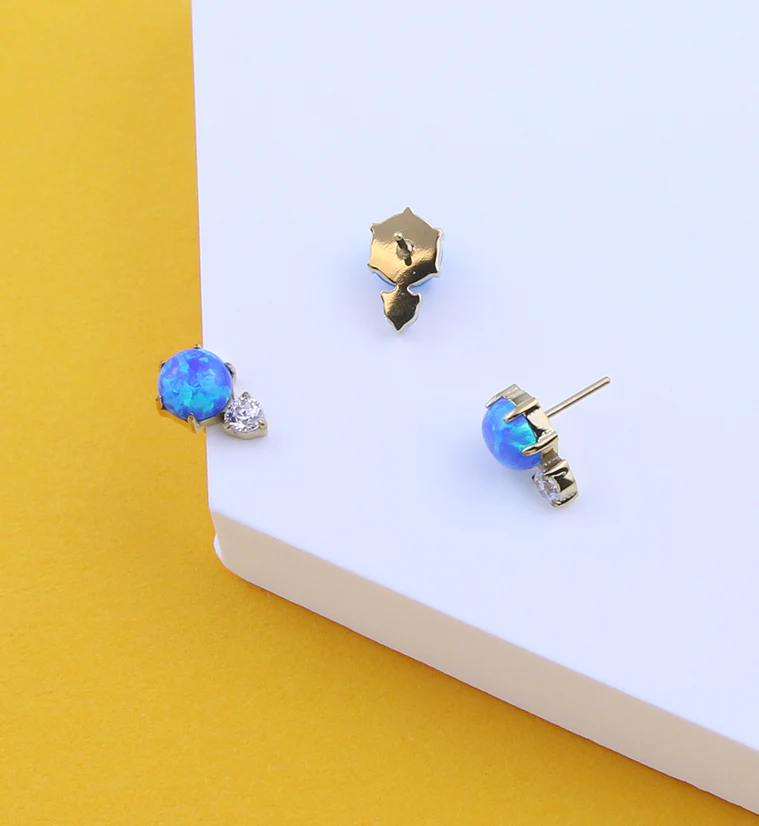 24kt Gold PVD Blue Opalite Drop Clear CZ Titanium Threadless Top - Image 2