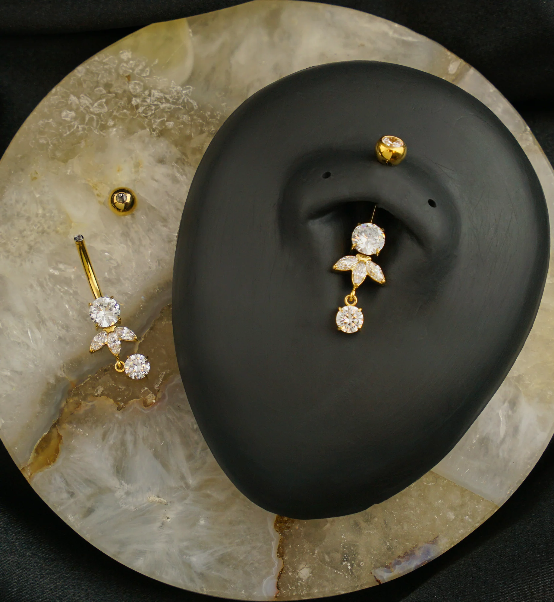 24kt Gold PVD Clear CZ Teardrop Dangle Titanium Belly Button Ring - Image 2