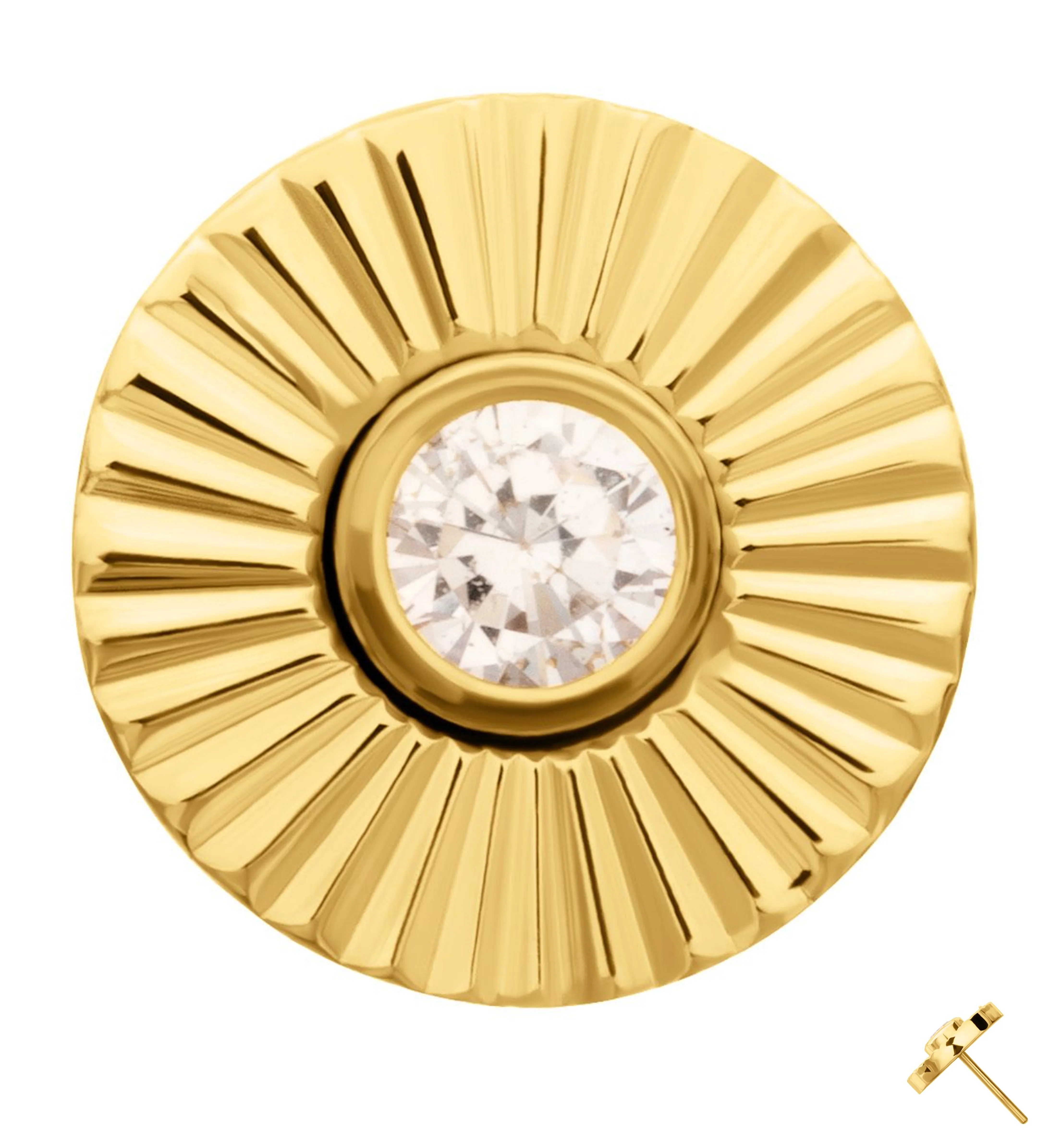 24kt Gold PVD Score Disk Clear CZ Threadless Titanium Top