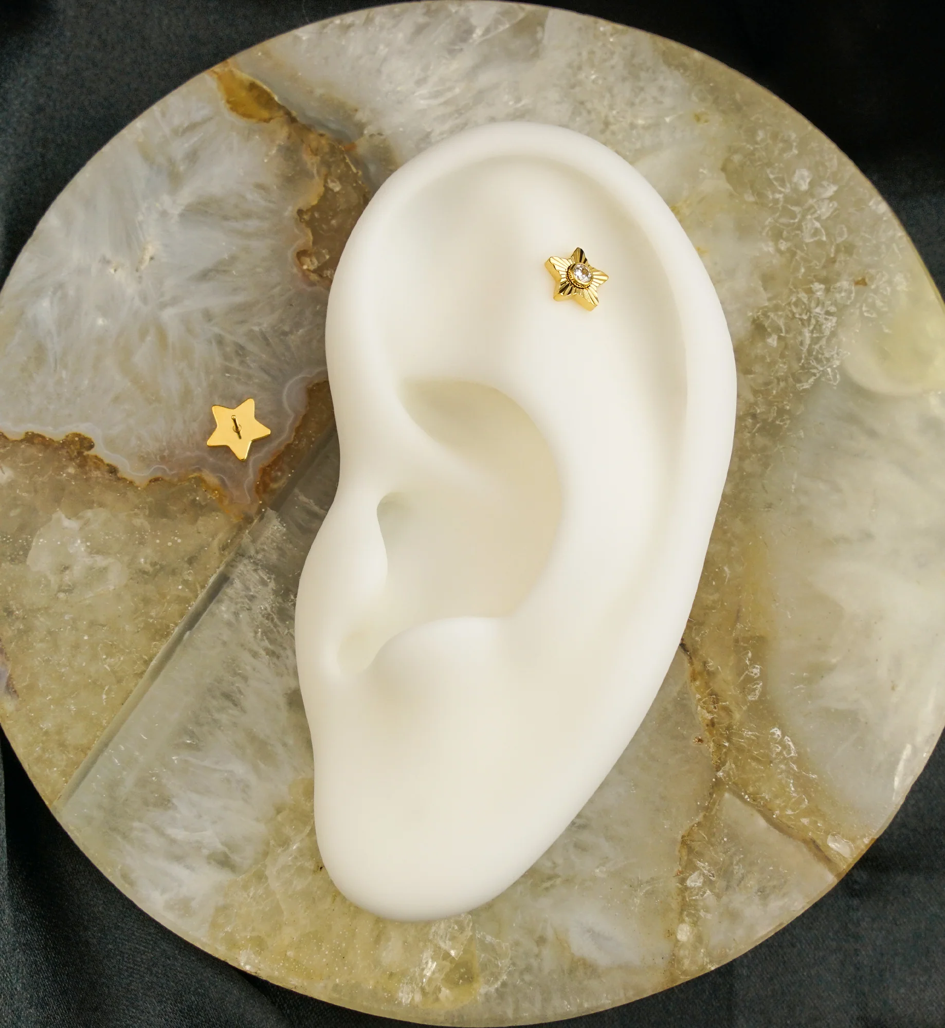 24kt Gold PVD Score Star Clear CZ Threadless Titanium Top - Image 2